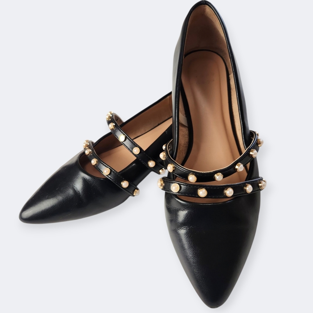 A New Day Black Flats With Pearl Embellishments Size 8